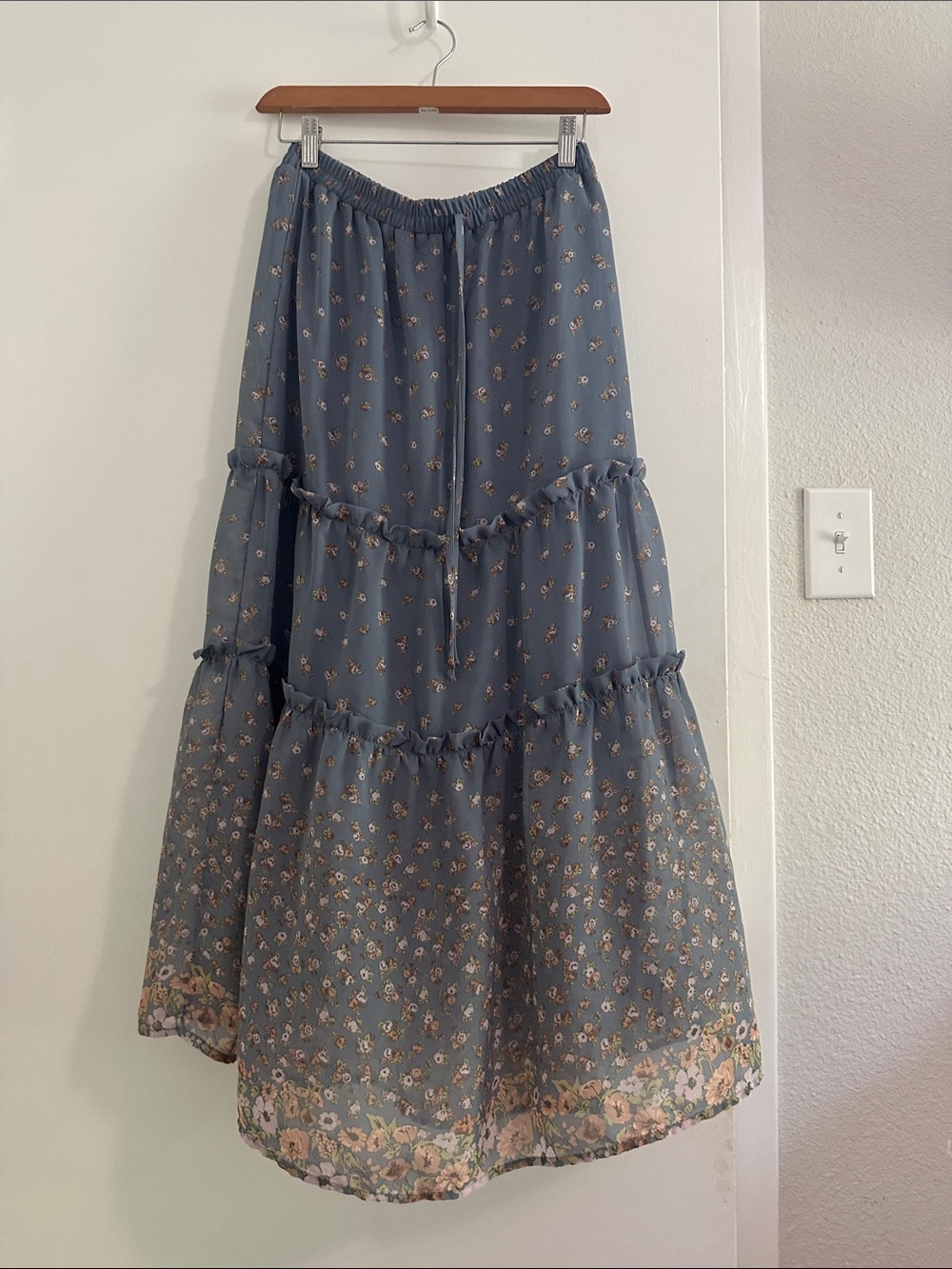 Sienna Sky Dusty Blue Floral Maxi Skirt Cottagecore Boho Drawstring Waist - Picture 5 of 5